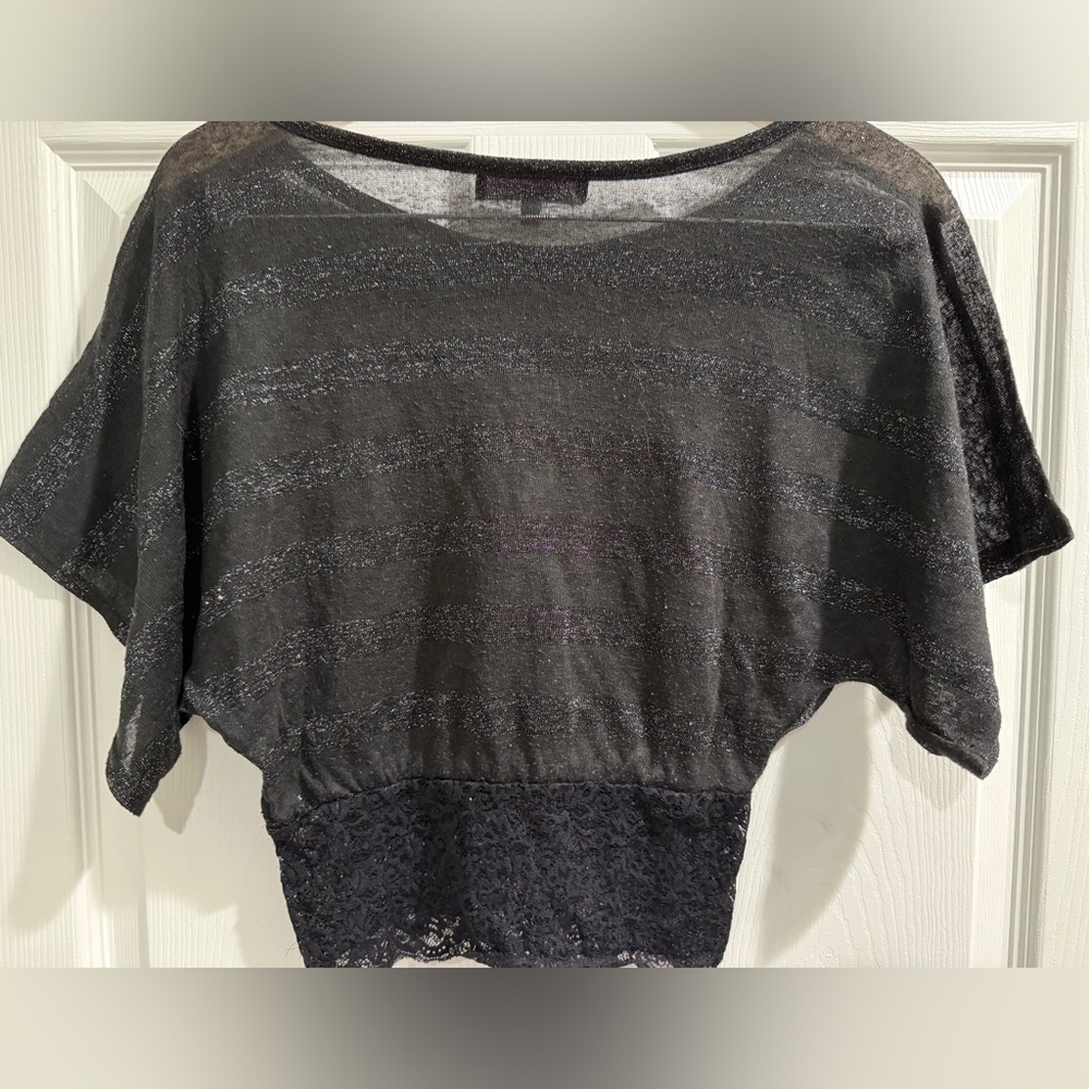 VTG Black Sheer Metallic Stripe Lace Bottom Y2K 90s Almost Famous Women's Top